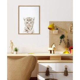 Kate and Laurel Sylvie Animal Studio Baby White Tiger Framed Canvas Wall Art by Amy Peterson Art Studio, 18x24 Natural, Modern Jungle Animal Portrait Art for Wall