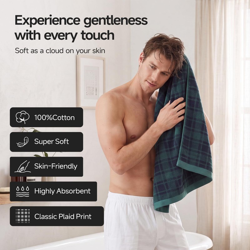 REDKISS 100% Cotton Bath Towels Set, Checkered Towel for Bathroom,