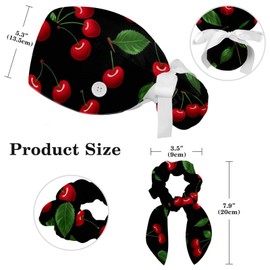 Scrub Caps Women with Button,Adjustable Bouffant Surgical Caps with Ponytail Pouch,Red Cherry Pattern Fruit Working Cap with Bow