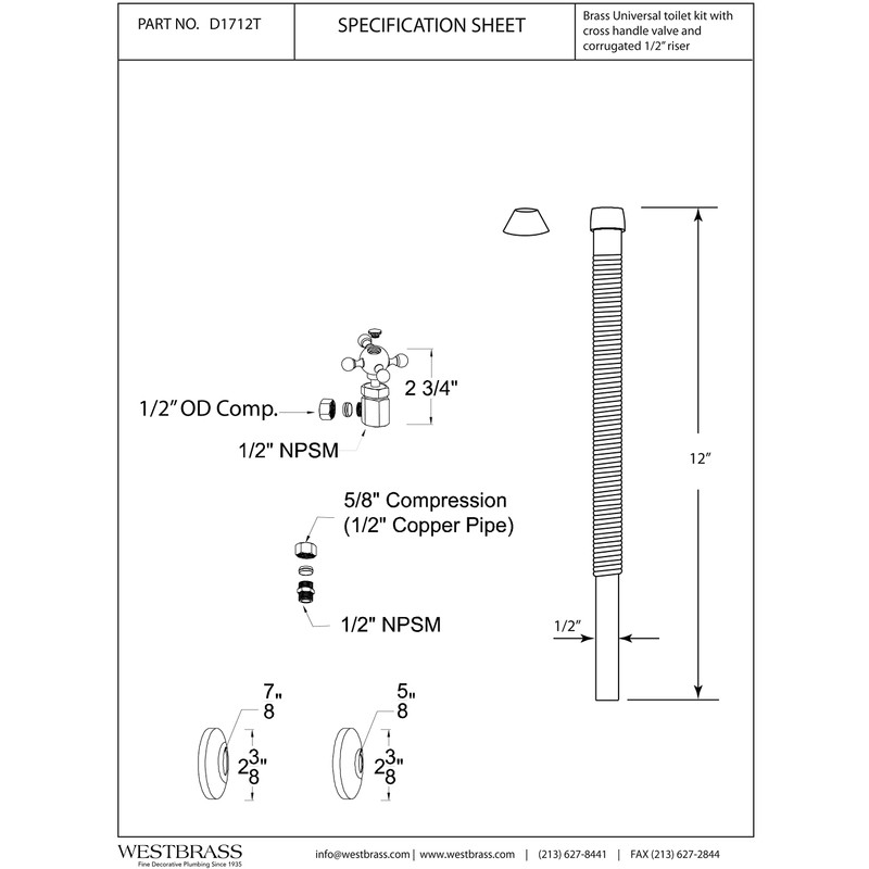 Westbrass D1712T-01 Toilet Supply Line Kit Includes 12" Corrugated Riser,