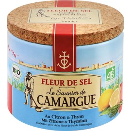 Le Saunier de Camargue Fleur De-Sel Lemon Thyme in 125 g Tin, Premium Sea Salt from South France, Ideal for Finishing Food and Refining Dishes