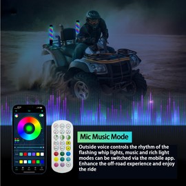 2 Pack 2ft Fat Whip Lights, LED Whip Lights with App & Remote Control, Rocker Switch, Spring Base, Brighter Spiral RGB Chasing Lighted Antenna Whips for UTV ATV Can-Am SXS Truck Polaris RZR