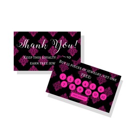 Jewelry Loyalty Cards | 50 Pk of Cards| Thank You Notes Black and Pink Fleur | 5 Bling Buy 12 Get One Piece of Jewelry Free