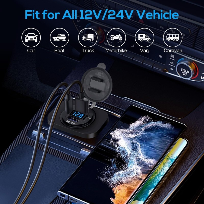 Linkstyle Car Charger Socket, Dual 18W USB-A & 30W Dual