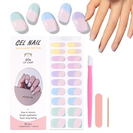 WOKOTO Semi Cured Gel Nail Strips, 20 Pcs Colorful French Design Semi Cured Gel Polish Stickers Full Wraps with Nail File & Wood Stick, UV Light Required, Salon Quality, Easy to Apply&Remove
