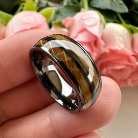 TUTISS 8mm Gunmetal Tungsten Rings for Men Women Wedding Bands Whisky Barrel Oak Wood Inlay Domed Polished Shiny Comfort Fit Size 9.5