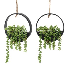 CEWOR Artificial Succulents Hanging Plants 2pcs Fake String of Pearls in Pot with Lanyard for Indoor Outdoor Wall Boho Wall Decor, Black