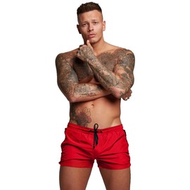 TONLEN Mens Swimwear Sports Shorts Swim Trunks with Zipper Pockets, Bright Red, Medium