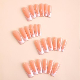 24Pcs French Tip Press on Nails Long Square Fake Nails Cute Heart Glue on Nails Glossy Nude False Nail Tips French Acrylic Stick on Nails Long Square Valentine’s Day Artificial Nails for Women Girls