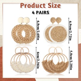 4 Pairs Handmade Raffia Rattan Bohemian Round Drop Dangle Earrings for Women Trendy Lightweight Summer Statement Hoop Dangles Drops Straw Earring Vacation Outfits for Women