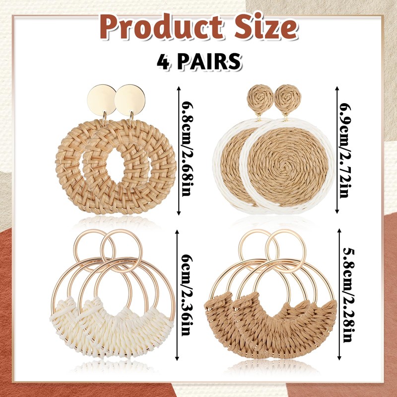 4 Pairs Handmade Raffia Rattan Bohemian Round Drop Dangle Earrings