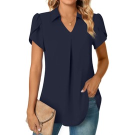 Aodemo Women's Summer Dressy Collared V Neck Chiffon Blouse Short Sleeve Tunic Tops Casual Pleated T-Shirts 3XL, Dark Blue