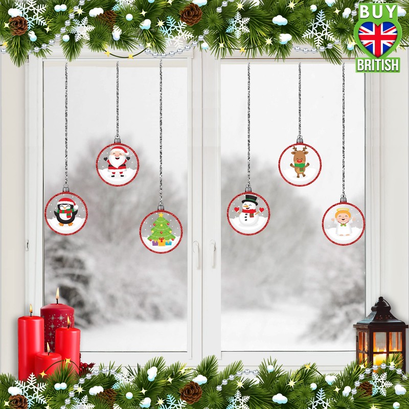 Articlings 12 Christmas Picture Baubles Window Stickers, Winter Holiday Clings,