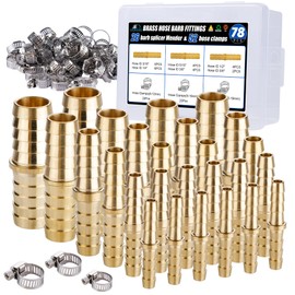 Ailbiuko 26PCS Brass Hose Barb Fitting,Barb Splicer Mender Hose Fittings 3/16" 1/4" 5/16" 3/8" 1/2" 5/8" with 52Pcs Stainless Steel Pipe Hose Clamps for Air/Fuel/Water/Oil Hose