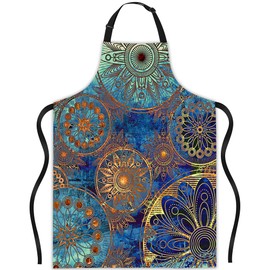 JASAKOO Mandala Vintage Flower Apron, Bib Apron with Adjustable Neck Waterproof for Women Men, Suitable for Home Kitchen Cooking Waitress Chef Grill Bistro Baking BBQ Hairdresser Cobbler, Apron Gifts