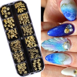 ROFIBUT Metal Beach Nail Art Charms Summer Gold Conch Shell Nail Rhinestones Alloy Shell Seahorse Starfish Nail Studs 3D Metallic Sea Theme Nail Supplies Nail Jewelry for Nails DIY Designs 12 Grids