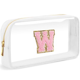 LOFOWN Initial Clear Makeup Bag Small Cosmetic Bag Travel Toiletry Bag Clear Zipper Pouch Purse Organizer Bags for Women, White-M, W, Initial Makeup Bag
