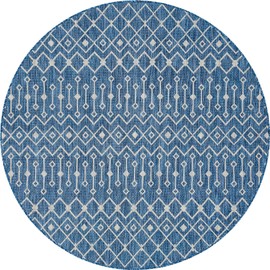 Unique Loom Outdoor Trellis Collection Tribal Geometric Transitional Indoor and Outdoor Flatweave Blue/Ivory Round Rug (7' 0 x 7' 0)