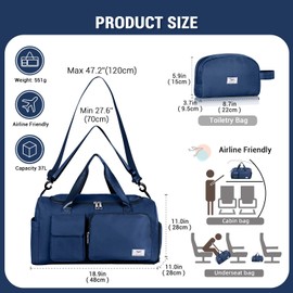 FIORETTO Womens Mens Sports Gym Bag Duffle Bag with Shoes Compartment, Weekend Travel Bag Overnight Bag for Women, Foldable Water Resistant Holdall Hospital Bag for Swimming with Toiletry Bag Navy