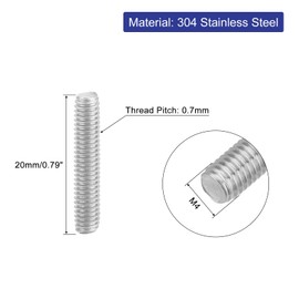 sourcing map 16Pcs Fully Threaded Rod, M4 x 20mm 304 Stainless Steel Right Hand Thread Bar Studs M4-0.7 Thread Pitch for Furniture Machinery Assembly