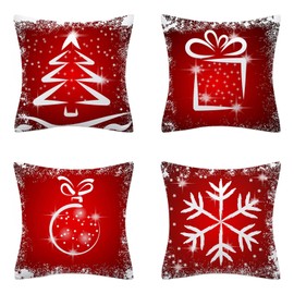 AMZQJD Pack of 4 Cushion Covers, Cotton Decorative Cushion Covers, Sofa Cushion Covers, Decorative Cushion Cover, Soft, for Living Room, Bedroom (Red Christmas, 45 x 45 cm)