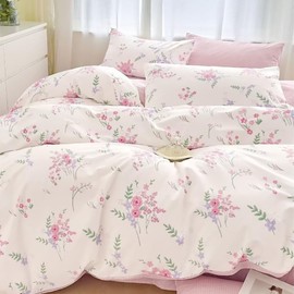 Nayoroom Bed Linen 135 x 200 cm Cotton White with Flowers Duvet Cover Floral Check Pattern White Pink Reversible Bedding Set with Pillowcase 80 x 80 cm and Zip