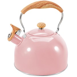 GGC Tea Kettle for Stove Top, 85OZ/2.6QT Whistling Tea Kettles for Boiling Water Milik or Coffee, Pink Stainless Steel Tea Pots with Wood Pattern Folding Handle, Thumb Design Control Kettle Outlet
