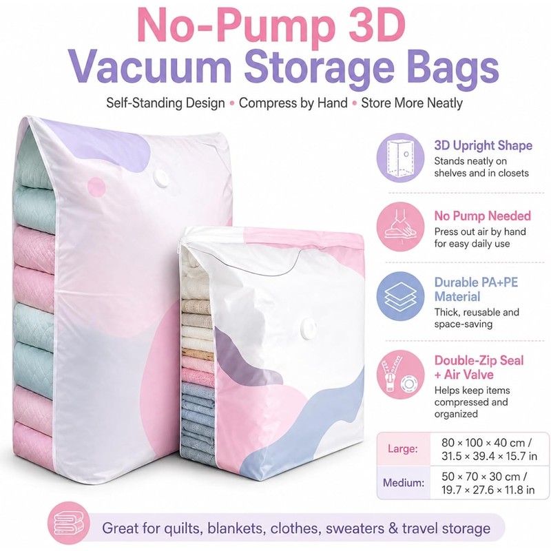 No-Pump 3D Vacuum Storage Bags, No Pump Vacuum Storage Bags,