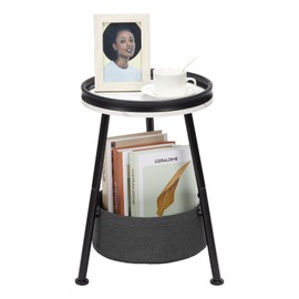 LEMONDA Small Round End Table, 2 Tier Round Side Table with Storage Basket,11.8”D*17.8”H Small Round Table,Sofa Side Table,Small Round Nightstand for Living Room Bedroom