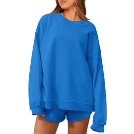 Tankaneo Womens Oversized 2 Piece Outfits Sweatsuit Casual Long Sleeve Crewneck Sweatshirts Sweat Shorts Fall Lounge Sets Royal Blue