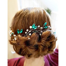 Aimimier Bridal Emerald Hair Vine Green Marquise Crystal and Pearl Headband Boho Wedding Hair Accessories for Women and Girls
