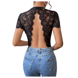 Verdusa Women's Lace Short Sleeve Bodysuit Backless Bodysuits Tummy Control Night Out Concent Outfits Black Large