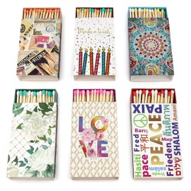 Decorative Matches Box -4-Inch Long Matches for Candles with Strike - Wooden Colorful Candle Matches with Rainbow Tips - 50 Pc Match Sticks Box - Matchbox Designs of Your Choice (6 Unique Box Designs)