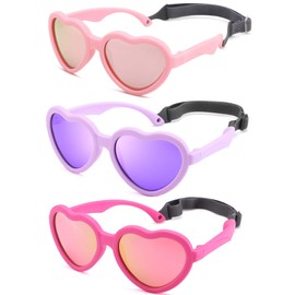 GLARDEFE Polarized Baby Heart Sunglasses with Strap - Unbreakable Flexible Infant Sunglasses for Newborn Toddler Boys Girls Age 0-24 Months (Pink/Pink Mirror+Purple/Purple Mirror+Hot Pink/Red Mirror)