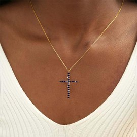 TseenYi Sapphire Cross Pendant Necklace Blue Gemstone Cross Necklace Gold Crystal Crucifix Necklace Vintage Rhinestone Cross Sapphire Necklace Jewelry for Women and Girls