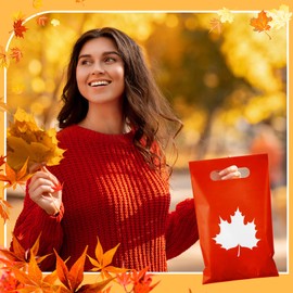 Epakh 48 Pieces Plastic Fall Gift Bags with Handle Autumn Treat Goodie Candy Bags with Maple Leaves Pattern for Fall Autumn Thanksgiving Party Favors Supplies Decoration