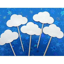 White Cloud Cupcake Toppers - Baby Shower Food Picks - Party Picks - Appetizer Picks - Baby Boy Baby Girl Shower - Baby Sprinkle (Set of 24)