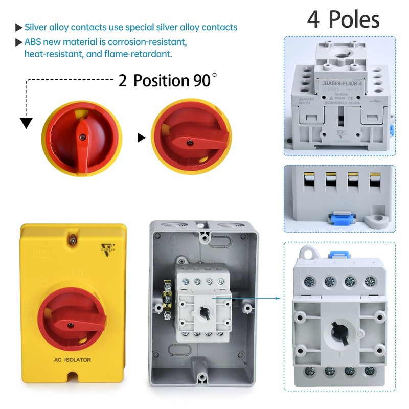 40Amp AC Isolator Solar Switch 4 Pole 2 Positions IP66