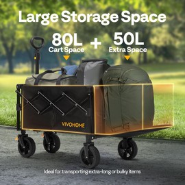 VIVOHOME 130L Collapsible Wagon with Tailgate, 320lb Load-Bearing Outdoor Utility with All-Terrain Wheels, Adjustable Handle, Cup Holders for Camping, Shopping, Garden, Sports, Picnic, Black