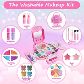 Juegos de Maquillaje para Niñas, Kit de Maquillaje Portátil para Niñas, Lavable Real con Espejo, Juguetes de Cumpleaños Regalo para niñas de 4 a 10 Años (Rosa)