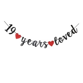 SNFHWL 19 Years Loved Black Banner, 19th Birthday Party Bunting Sign, Happy 19th Wedding Anniversary Party Decoration Garlands