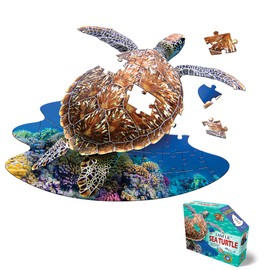 Madd Capp: I Am Lil' Sea Turtle - 48 Piece Puzzle - Kids Aquatic Animal-Shaped Jigsaw, 25x18 Size, Poster Reference, Educational Fun Fact Booklet