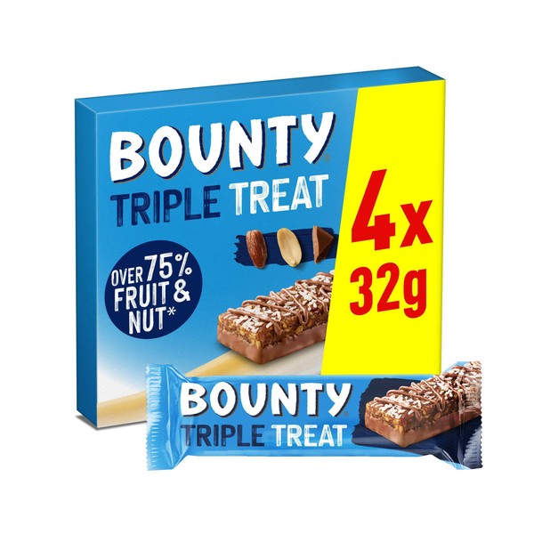 Bounty Triple Treat Fruit Nut & Chocolate 4 Bars*32g Each, 128g