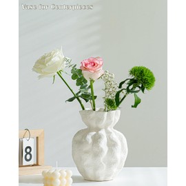 White Ceramic Flower Vase: 7.3" Small Bud Vases with Boho Wide Mouth Petal Shape - Centerpiece for Home Living Dining Room Bedroom Table Decor