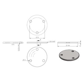 edelstahlonline24 Round Diameter 100 mm with Bevel, Thickness 6 mm, with Three Diameter 11 mm Holes, Ground on One Side, with Round Cut, V2A Stainless Steel