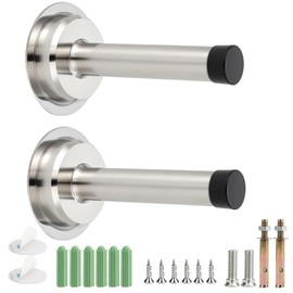 Wall Mounted Door stoppers, Heavy Duty Stainless Steel Door Stop with Rubber Buffer, Door Stopper for skirtings, Doorstop with Screws and Adhesive Tape, Protect Doors and Walls(Silver 2 Pcs)