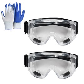 Wjelet 2 Pcs Safety Goggles for Adults, Clear Lens, Anti Fog and Anti Scratch, Impact Resistant Eyewear, Adjustable Vented Lab Goggles for Protection During Grinding, with 1 Pair Work Gloves