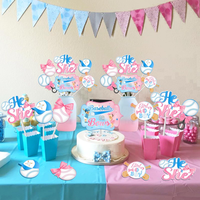 Balterever 24pcs Baseball or Bows Gender Reveal Centerpieces Sticks Baseball