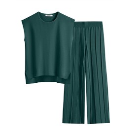 ANRABESS Women 2 Piece Lounge Sets Summer Casual Knit Sweater Vest Pant Set Beach Vacation Airport Outfits Clothes Dark Green Large
