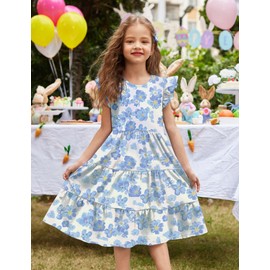 Arshiner Toddler Dress Girls Summer Ruffle Sleeve Tiered Swing Midi Casual Sundress with Pockets Little Kid Floral Blue 6-7 Years